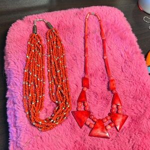 Necklace bundle, 10 strand orange Red with gold beaded necklace 20 inches long,
